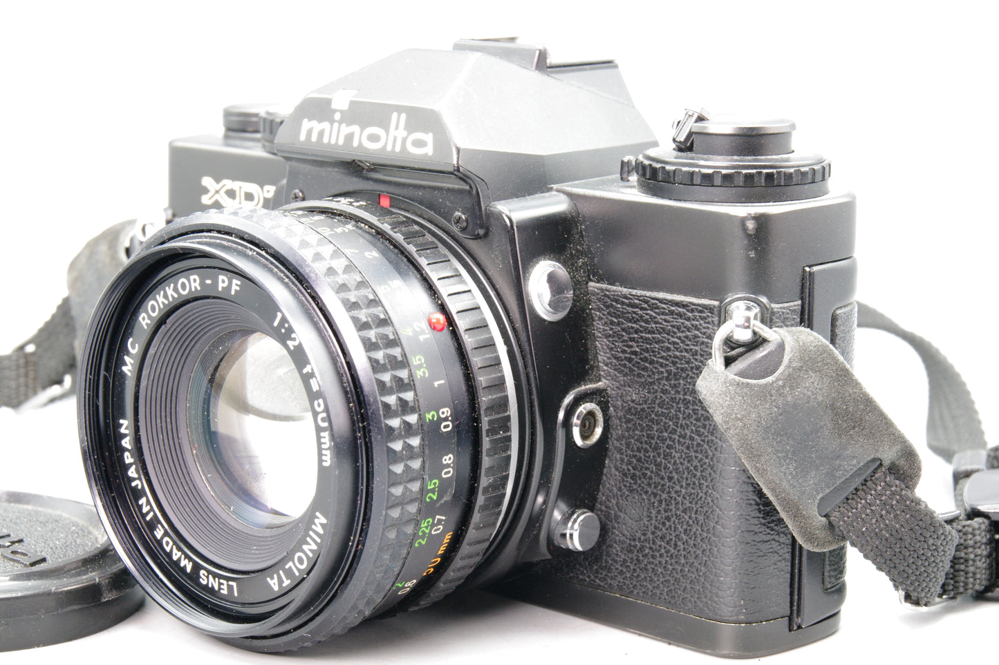 Minolta XD7 Black 35mm SLR + Rokkor‑PF 50mm f/2 – Tested – Excellent + Batteries