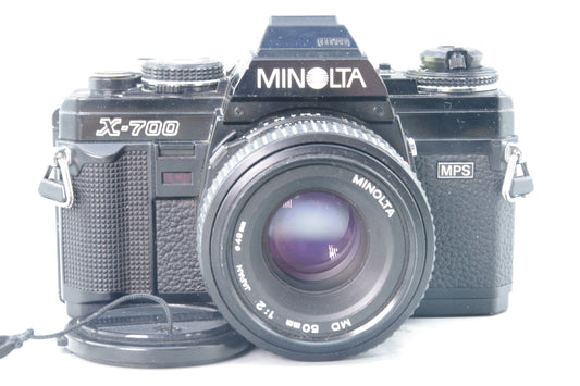 Minolta X‑700 35mm SLR + 50mm f/2 Lens – Black – Batteries – Excellent + MF Back