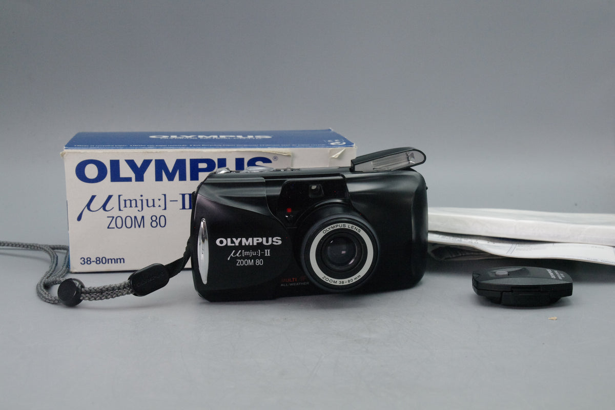 Olympus MJU Zoom II 80 Black Camera – Excellent – Boxed – Film Tested – Remote