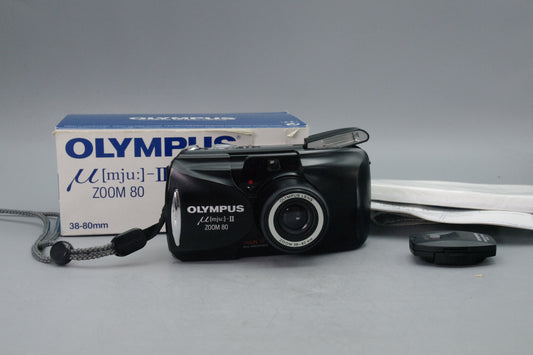 Olympus MJU Zoom II 80 Black Camera – Excellent – Boxed – Film Tested – Remote