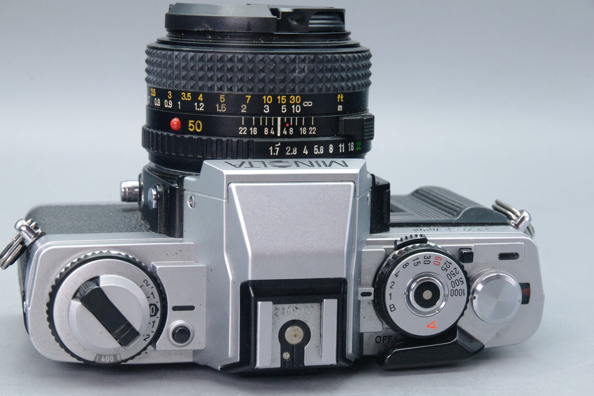 Minolta XG‑M 35mm SLR + MD 50mm f/1.7 Lens, Case &amp; Batteries – Excellent